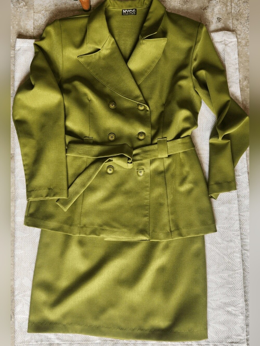 NYCC Double-Breasted Belted Blazer & Skirt Set in Olive Green
